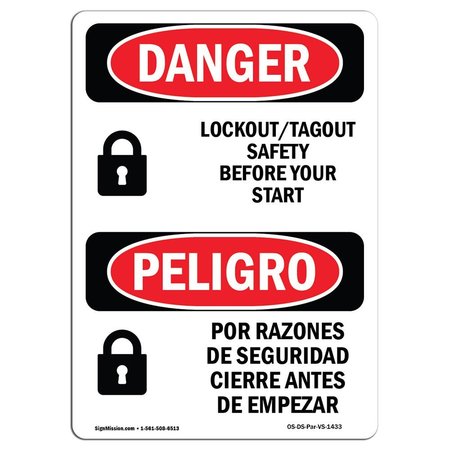 SIGNMISSION OSHA Danger, Lockout Before You Start Bilingual, 14in X 10in Decal, 10" W, 14" L, Bilingual Spanish OS-DS-D-1014-VS-1433